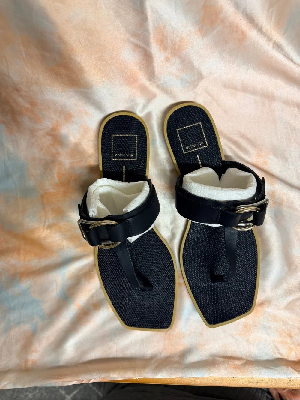 Dolce Vita Black Thong Sandals with Gold Buckle